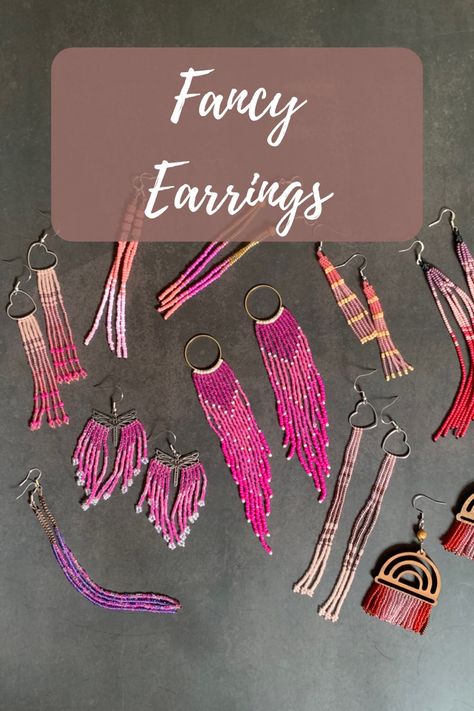 A variety of pink jewellery. All made using seed beads, usually woven off of a charm. Bradford England, My Obsession, Fancy Earrings, Beaded Dangle Earrings, Aesthetic Themes, Fringe Earrings, Hand Made Jewelry, Bead Weaving, Wedding Guest Outfit