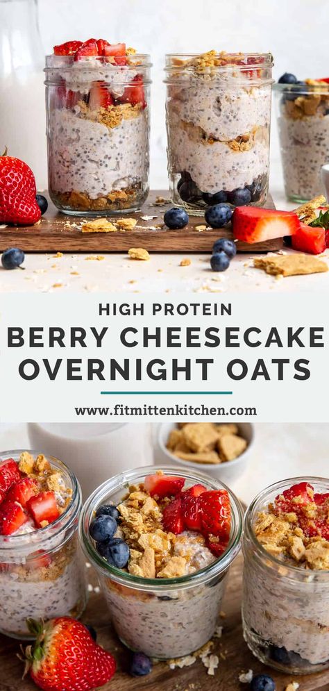 Berry Cheesecake Overnight Oats is a high protein breakfast or snack that mimics that same creamy cheesecake filling we know and love thanks to blending cottage cheese and berries together. It's a delicious meal prep breakfast to serve with fresh berries, grahams crackers, honey, and more! Dairy free friendly, gluten free. #berrycheesecakeovernightoats #overnightoatsrecipes Cottage Cheese Cheesecake Breakfast, Berry Cheesecake Overnight Oats, Overnight Oats With Berries, Raspberry Cheesecake Overnight Oats, Overnight Oats With Cottage Cheese, Cheesecake Overnight Oats Healthy, Overnight Oats Berry, Cottage Cheese Overnight Oats, Cottage Cheese Recipes Breakfast