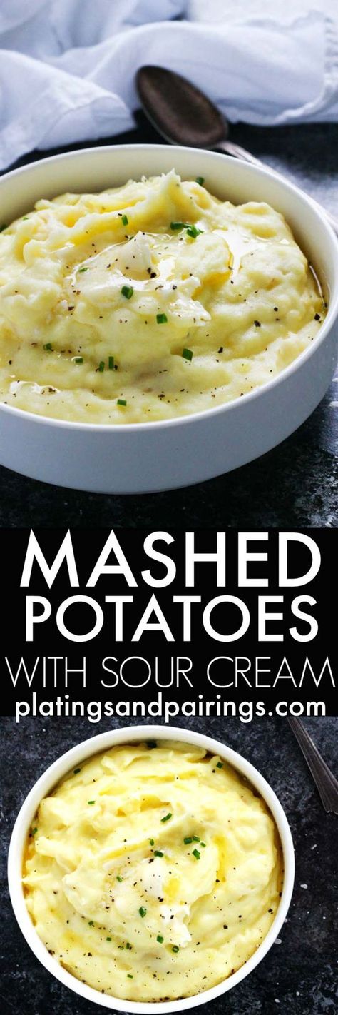 These Easy Mashed Potatoes with Sour Cream are the most delicious mashed potatoes you will ever have. They're light, creamy, butter, tangy & easy to make with the help of your stand mixer - No hand mashing required! | platingsandpairings.com Simple Mashed Potatoes Recipe, Simple Mashed Potatoes, Mashed Potatoes With Sour Cream, Potatoes With Sour Cream, Delicious Mashed Potatoes, Russet Potato Recipes, Recipe With Sour Cream, Mashed Potatoes Recipe Easy, Buttery Mashed Potatoes