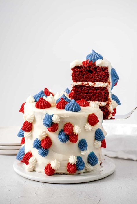 Red Velvet Layer Cake, Fireworks Cake, Patriotic Cake, Fourth Of July Cakes, Flat Cakes, 4th Of July Cake, Cake With Cream Cheese Frosting, Tomato Chutney, Birthday Cake Recipe