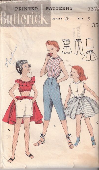 Mid Century Baby, Midriff Top, Childrens Sewing Patterns, Petal Pushers, Skirt Crop, Shorts Skirt, Pedal Pushers, Sewing Patterns Girls, Butterick Pattern