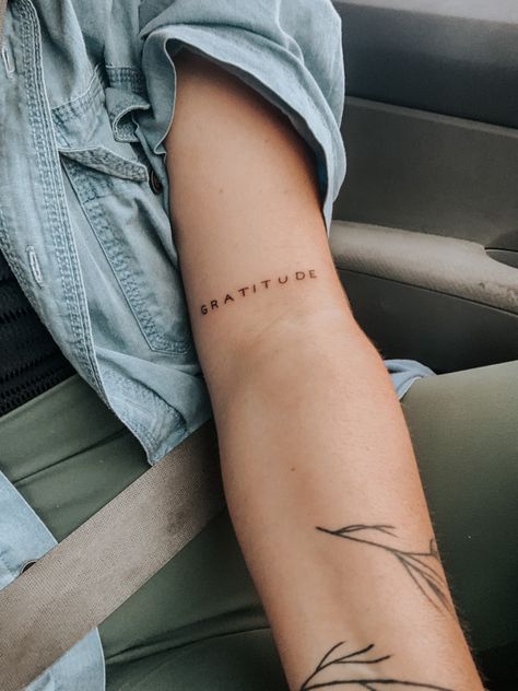 Gratitude Tattoo For Women, Grateful Tattoo, Gratitude Tattoo, Typewriter Tattoo, Bicep Tattoo, Tattoo Inspo, Arm Tattoo, I Tattoo, Triangle Tattoo