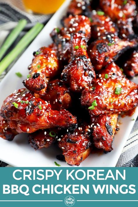 What goes better with game day than Crispy Korean BBQ Chicken Wings?! The spicy and saucy wings are pure magic that you can grill OR bake, depending on whether you want to fire up the grill. They will disappear fast! | cakenknife.com #tailgating #partyrecipe #chickenwings #easyrecipe #grilling #fallfavorites #recipes Best Grilled Wings Recipe, Grilled Chicken Wings Recipe Marinade, Chicken Wing Appetizers, Wing Appetizers, Korean Bbq Chicken Wings, Korean Wings, Saucy Wings, General Tao Chicken, Grilled Chicken Wings Recipe