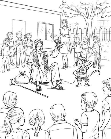 This is the magazine illustration for the story. Sketch by padmakar. Magic Show Drawing, Nid Preparation, Memory Drawing Sketches, Composition Sketch, Subject Drawing, Class Illustration, Story Sketch, Easy Nature Drawings, Drawing Composition