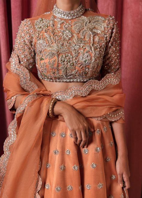 Hussain Rehar Ardent Lp 118 | LAAM | Pakistan's Largest Fashion Discovery Platform Different Lehenga Styles, Zardosi Embroidery Lehenga, Desi Embroidery, Choli Embroidery Designs, Peach Lengha, Peach Bridal Lehenga, Lehenga Embroidery Design, Hussain Rehar, Peach Lehenga