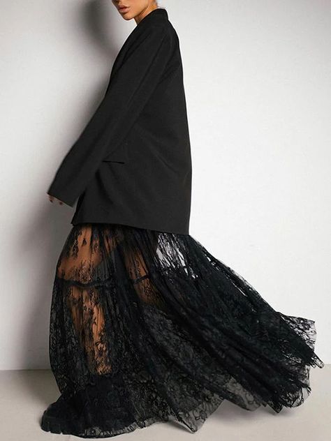 UOOZÉE Fashion Outfits Winter 2024, Lace Fashion Aesthetic, Sheer Black Outfit, Sheer Black Skirt Outfit, Luisa Piou Outfits, Sheer Skirt Outfit Street Styles, Lace Aesthetic Outfit, Long Black Lace Skirt Outfit, Black Mesh Skirt Outfit