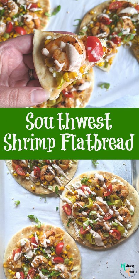 Shrimp Pizza Flatbread, Shrimp Flatbread Recipes, Southwest Flatbread, Flatbread Topping Ideas, Shrimp Flatbread, Southwest Shrimp, Flatbread Toppings, Pizza Alternatives, Shrimp Pizza