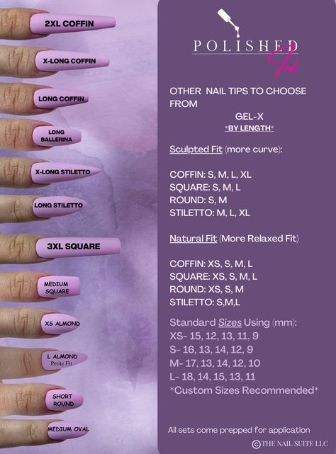 Discover a wide array of press-on nail shapes at The Nail Suite, designed to elevate your manicure experience. Our diverse collection ensures you will find the perfect style to match your unique personality and preferences.  Begin your journey by ordering our nail sizing kit today, which allows you to determine the ideal shape and length to achieve your desired look with precision. Experience the convenience and versatility of press-on nails tailored specifically for you! Sizing kit for any nail shape.  This will help in choosing the right size for your press on nails. PLEASE REQUEST WHICH NAIL SHAPE YOU WOULD LIKE TO ORDER YOUR SIZE KIT IN  SIZES TO CHOOSE FROM: refer to picture chart     * 3XL SQUARE     * 2XL SQUARE     * WIDE SQUARE MEDIUM     * SQUARE MEDIUM     * SHORT ROUND     * LO Nails Sizes Shape Chart, Different Nail Shapes And Lengths, Build A Nail, Press On Nails Size Chart, Nail Lengths And Shape Chart, Nail Kits For Beginners List, Nails Sizes Chart, Nails Length Chart, Nail Length Chart