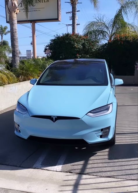 Blue Cars, Blue Tesla Aesthetic, Car Aesthetic Tesla, Blue Tesla, Aesthetic Tesla Car, Wrapped Tesla, Tesla Model 3 Blue, Car Crystals, Tesla Accessories