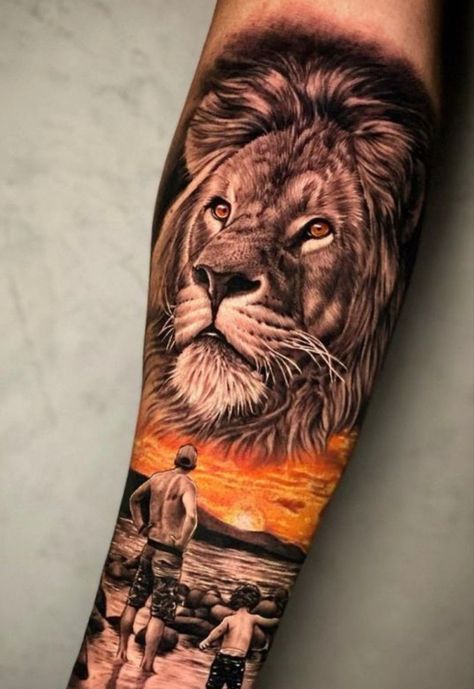 Lion Tattoo With Flowers, Lion Leg Tattoo, Trash Polka Tattoo Designs, Lioness Tattoo, Lion Tattoo Sleeves, Lion Tattoos, Mens Lion Tattoo, Lion Head Tattoos, Lion Tattoo Design