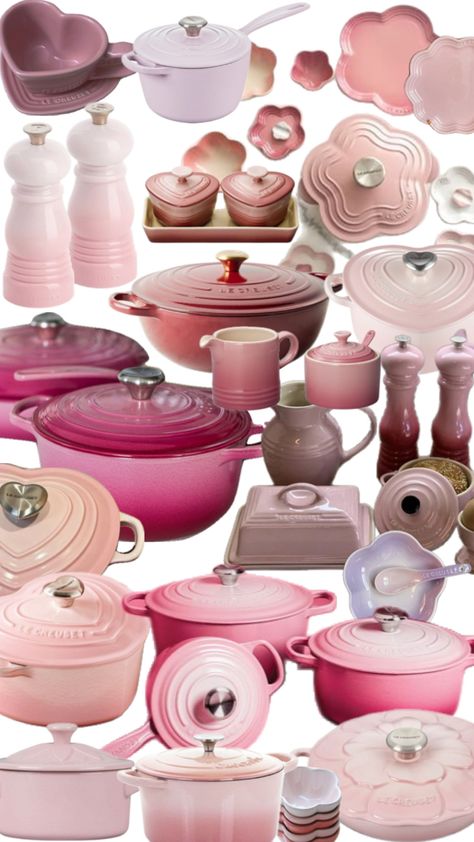 Pink Le Creuset Pots and Pans collage aesthetic rose color kitchenware and cookware Pink Le Creuset, Le Creuset Pots, Aesthetic Rose, Le Creuset, Pots And Pans, Rose Color, Cookware, Collage, Pink