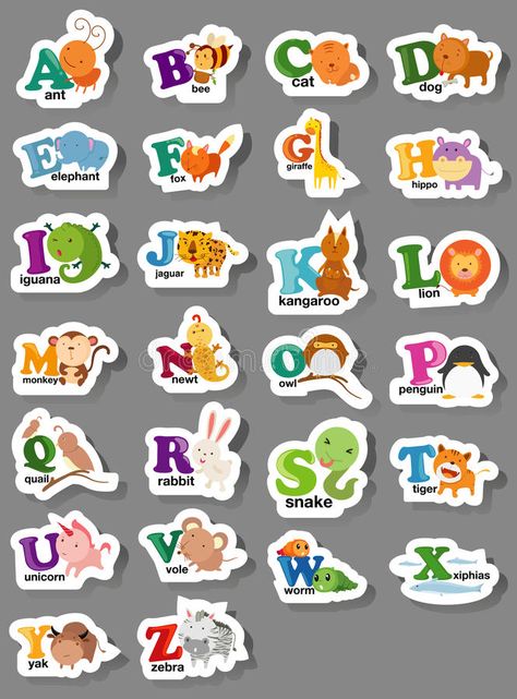 Animal alphabet letter a-z stock illustration Alphabet Chart Printable, Animal Alphabet Letters, Alphabet Board, Alphabet Charts, Flashcards For Kids, Letter Z, Alphabet Design, Animal Alphabet, Logo Banners