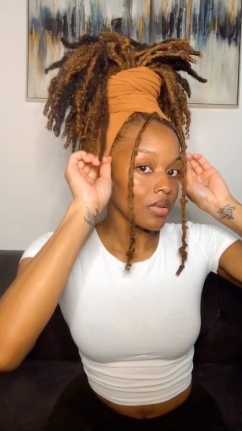 Loc Updo Styles Head Wraps, Scarf Style With Locs, Loc Updo With Scarf, Head Scarf Styles Black Women Locs, Locs And Scarf Styles, Locs And Bandanas, Loc Scarf Styles, Locs Headwrap Styles, Loc Head Wrap Styles