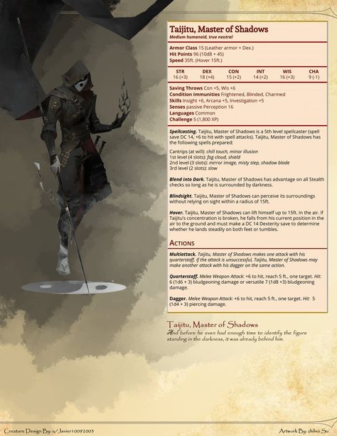 r/D&D on Twitter: "[OC] [Homebrew] You guys seemed to mostly enjoy my last post, so I made another creature / character! I present to you Taijitu, Master of Shadows! Again I'm fairly new to DnD so any suggestions are largely appreciated :) via /r/DnD https://t.co/xWMiRYPZNu #DnD #rpg… https://t.co/F1UVYVx16o" Stat Block, Homebrew Monsters, Creature Character, Monster Manual, Dnd Stats, Dnd Homebrew, Dnd Stories, Dnd Campaign, Dungeon Master's Guide