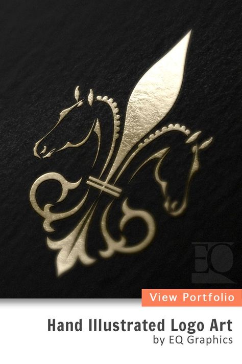 Two horse head outlines form the outer edges of a fleur de lis. This equestrian logo is shown in gold foil on a black business card. Equine Logos, Equestrian Logo, Horse Stencil, Horse Logo Design, Logo Design Examples, Business Branding Inspiration, Horse Heads, Logo Design Inspiration Branding, Luxury Logo Design