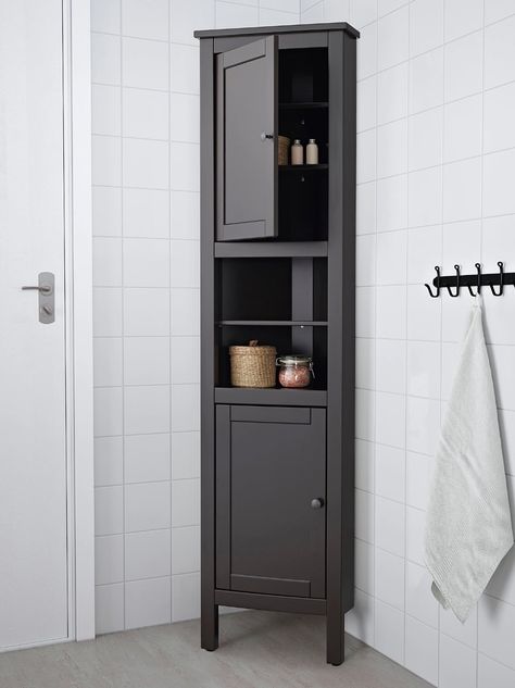 Hemnes Corner Cabinet Corner Storage For Bathroom, Small Bathroom Linen Cabinet, Diy Corner Bathroom Cabinet, Small Corner Storage Bathroom, Corner Storage Cabinet Bathroom, Bathroom Corner Storage Cabinets, Corner Bathroom Storage Ideas, Corner Towel Storage, Powder Room Storage Cabinet