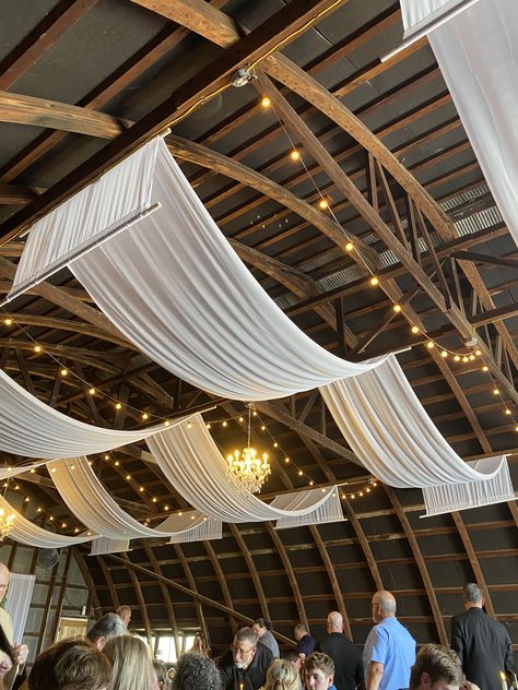 Ceiling Swag, Night To Shine, Ceiling Drapes, Wedding Ceiling, Event Decor Direct, Barn Decor, Wedding Hall, Book Art Diy, Horse Farms