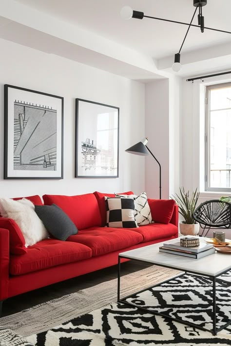 10 Living Room Ideas With A Red Couch You Will Love! - My Decor Inspo Sofa For Room, Living Room Red Couch, Red Couch Living Room Ideas, Red Sofa Decorating, Red Couch Decor, Afro Bohemian Style Decor, Manhattan Interior Design, Afro Bohemian Style, Paris Living Room