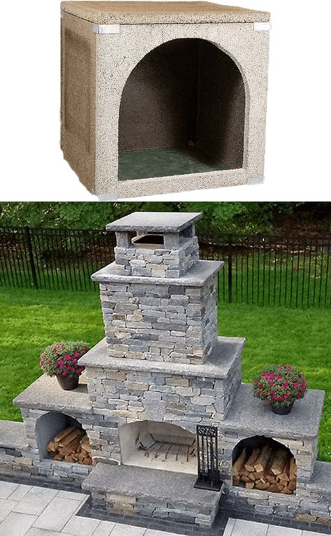 Outdoor Fireplace Stone, Stone Outdoor Fireplace, Wood Storage Boxes, Wooden Deck Designs, Rustic Outdoor Fireplaces, Outdoor Yard Ideas, Outdoor Stone Fireplaces, Outdoor Wood Fireplace, Outdoor Fireplace Kits