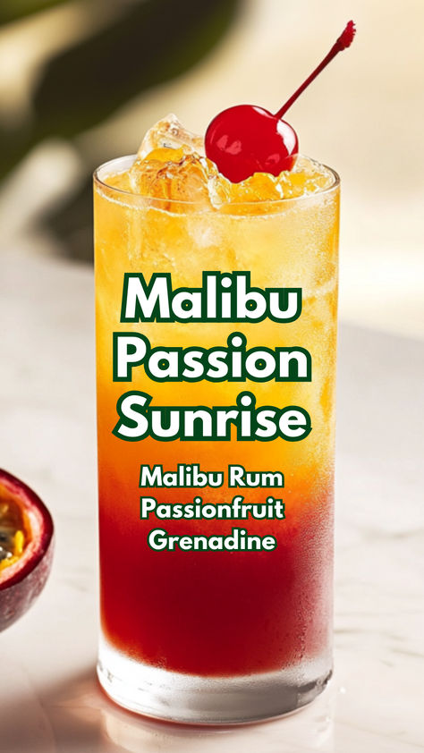 Malibu Passion Sunrise Bacardi Spiced Rum Drinks, Malibu Sunrise Recipe, Drinks With Malibu Rum, Drinks With Bacardi Rum, Malibu Mixed Drinks, Spiced Rum Drinks, Dark Rum Cocktails, Cocktails Made With Rum, Malibu Rum Drinks