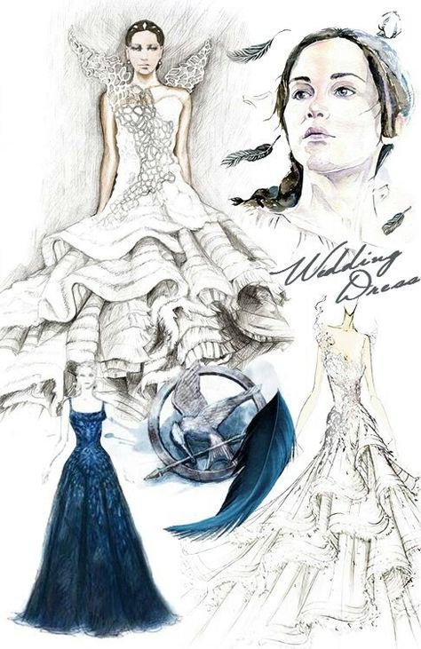 Katniss outfit Katniss Wedding Dress Fan Art, Katniss And Peeta Wedding, Mockingjay Dress, Cinna Hunger Games, Hunger Games Drawings, Hunger Games Costume, Hunger Games Outfits, Hunger Games Fashion, Hunger Games Fan Art