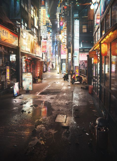 Top 20 Blender Renders of 2015 — Blender Guru Dystopian Scenery, Dystopian Society, Japan Night, Rainy City, Sci Fi City, Sci Fi Environment, Urban Lighting, Cyberpunk Aesthetic, Cyberpunk City