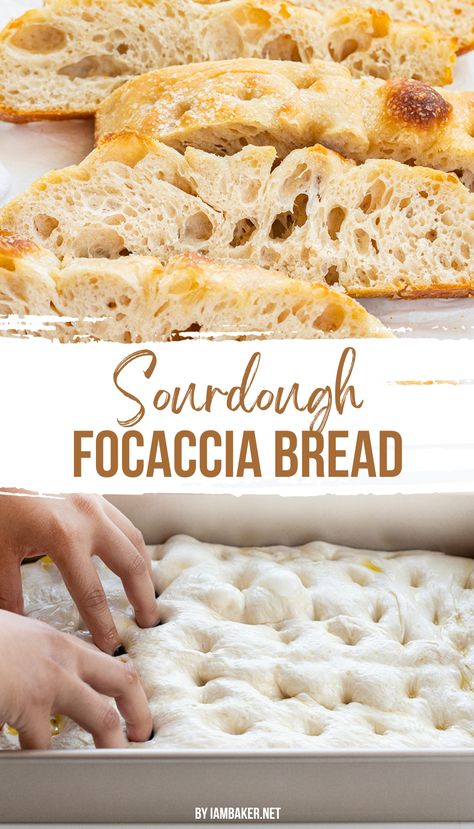 one image shows four slices of the bread next to each other on a white surface. the second image shows hands dimpling the focaccia dough in a silver baking pan. Cheesy Sourdough Bread, Foccacia Bread Recipes Sourdough, Sourdough Foccacia Bread, Sourdough Foccacia Recipe, Easy Focaccia Bread Recipe, Foccacia Recipe, Active Sourdough Starter, Sourdough Focaccia, Foccacia Bread