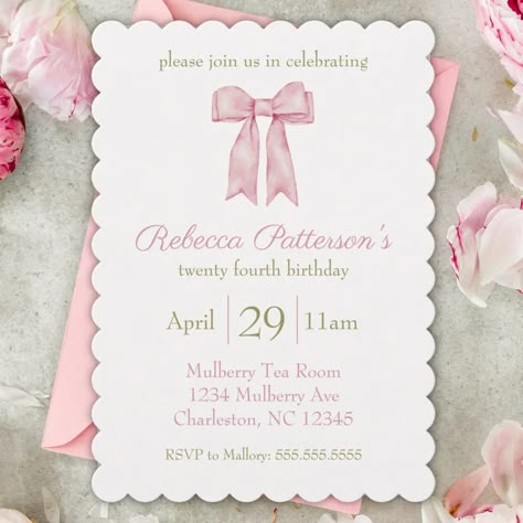 Coquette Pink Watercolor Bow Feminine Bday Party Invitation | Zazzle Invitation Card For Birthday Party, How To Make Invitation Card For Birthday, Coquette Invitation Card, Bow Birthday Invitation, Coquette Birthday Cards, Couqutte Birthday Theme, Pink Bow Party, Aesthetic Birthday Invitations, Coquette Card