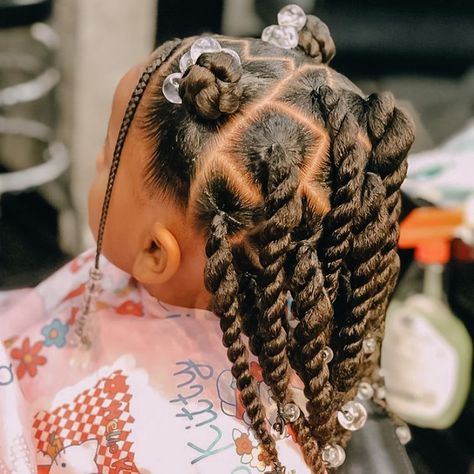 Here is another option for a cute #protectivestyle . This hairstyle has #chunky #ponytails with #twist, and two #buns at the top with… Black Baby Girl Hairstyles, Baby Girl Hairstyles Curly, Toddler Braided Hairstyles, Cute Toddler Hairstyles, Kids Curly Hairstyles, Lil Girl Hairstyles, Kid Braid Styles, Toddler Hairstyles Girl, Natural Hairstyles For Kids