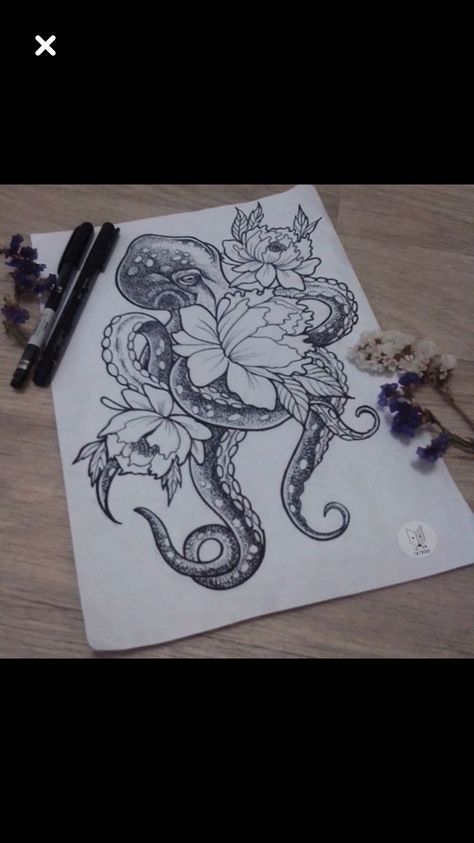 An octopus makes a great tattoo...add flowers to it and now its very feminine. #octopus #octopustattoo #tattooideas #nautical #nauticaltattoo #tattoo Dotted Tattoo, Octopus Thigh Tattoos, Tato Geometris, Octopus Tattoo Sleeve, Tato Paha, Simple Tattoos For Women, Octopus Tattoo Design, Octopus Tattoos, Ocean Tattoos