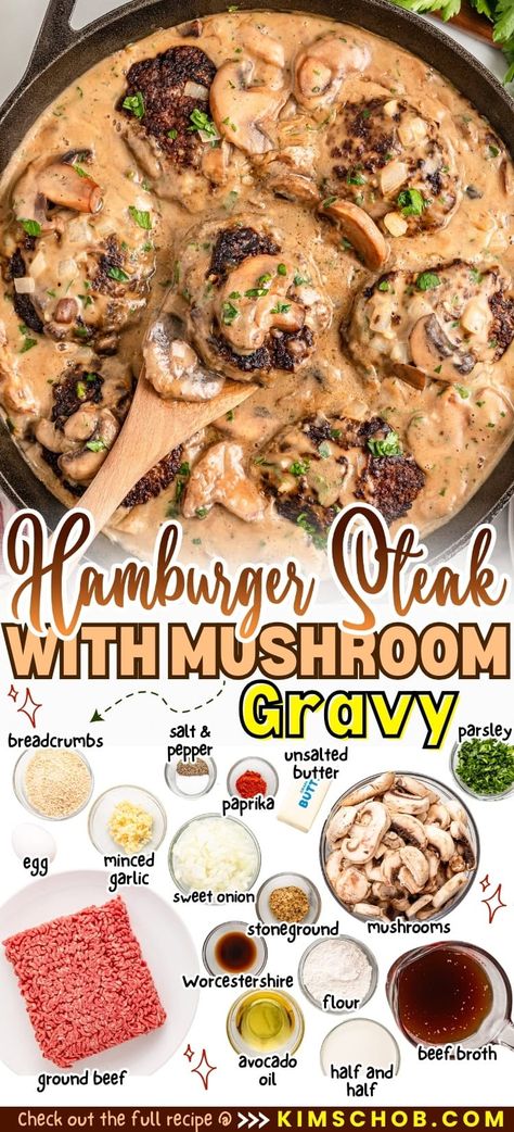 Explore the best hamburger steak with mushroom gravy recipe - a timeless comfort food favorite that's simple to prepare and absolutely scrumptious. Hamburgers With Mushroom Gravy, Meat With Mushrooms, Hamburger With Mushroom Gravy, Hamburger Steak With Cream Of Mushroom Soup, Hamburg Steak Recipes, Hamburger Fall Recipes, Mushroom Hamburger Recipes, Hamburger Steak Sides Dishes, Hamburger And Mushrooms