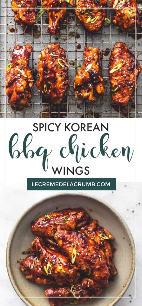 These Spicy Korean BBQ Chicken Wings will change the way you think about chicken wings forever. Savory, spicy, sweet, and sooooo scrumptious, if you’re looking for a way to kick your appetizer game up a notch, look no further! | lecremedelacrumb.com #spicy #korean #bbq #koreanbbq #wings #chickenwings #appetizers Spicy Korean Wings Wingstop, Spicy Honey Bbq Wings, Korean Spicy Wings, Spicy Korean Wing Sauce, Spicy Barbecue Wings, Spicy Korean Bbq Chicken, Baked Korean Chicken Wings, Bulgogi Chicken Wings, Gangnam Style Wings