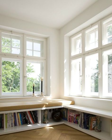 Low Ikea Bookshelves, Below Window Bookshelves, Low Window Bench Seat With Storage, Built In Book Shelves Around Window, Sofa Window Seat, Low Shelves Under Window, Low Bookshelves Under Window, Low Storage Ideas, Window Seat Shelves