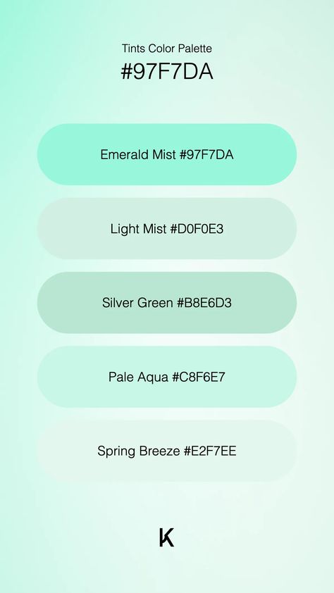 Tints Color Palette Emerald Mist #97F7DA · Light Mist #D0F0E3 · Silver Green #B8E6D3 · Pale Aqua #C8F6E7 · Spring Breeze #E2F7EE Light Green Pallet Color, Ethereal Green, Breeze Color, Colour Pallets, Color Boards, Hex Color Palette, Pale Aqua, Spring Breeze, Hex Codes