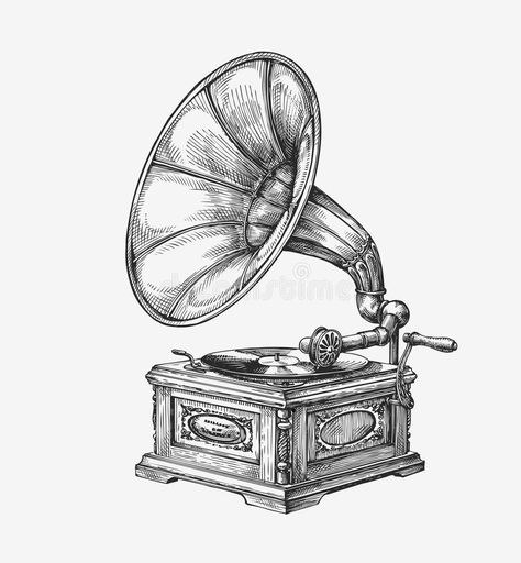 Gramophone Sketch, Cool Sketch Ideas Vintage, Gramophone Illustration, Gramophone Tattoo, Music Vector Illustration, Music Art Drawing, Vintage Gramophone, Vintage Sketches, Music Vector