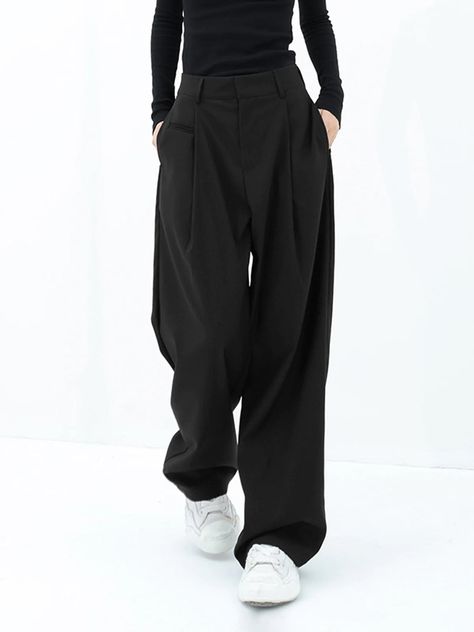 Upgrade your wardrobe with our Pleated Baggy Wide Leg Pants. Featuring invisible hook and pocket, front pleated design, and loose fit. Shop now for ankle length pants. Black Wide Leg Pants, Wide Leg Dress Pants, Cardigan Sweater Jacket, Baggy Pants, Fit Pants, Cardigan Tops, Street Style Outfit, Outfits Casuales, Long Pants