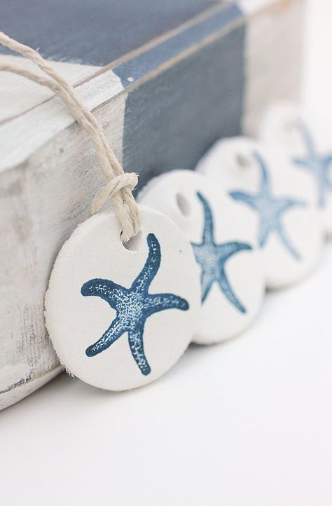 Starfish Gift Tags Clay : Hand Stamped White Clay Tags Navy Blue Starfish Set of 4 Coastal Beach Nautical Gifts Deco Marine, Coastal Christmas Decor, Nautical Christmas, Beachy Christmas, Dough Ornaments, Beach Ornaments, Seaside Decor, Beach Christmas, Coastal Christmas