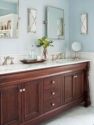 More Stylish Bathroom Color Schemes Soft Blue Walls, Best Kitchen Design, Bathroom Color Schemes, Master Bath Remodel, Bathroom Color, Dark Cabinets, Bathroom Redo, Wood Vanity, Blue Bathroom