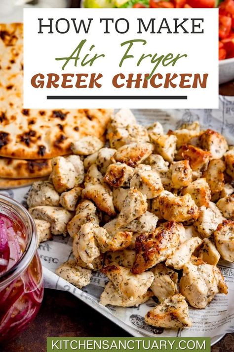 Air Fryer Greek Chicken, Chicken Pita Recipes, Greek Chicken Pita, Kitchen Sanctuary, Mediterranean Diet Recipes Dinners, Greek Dinners, Greek Chicken Recipes, Greek Lemon Chicken, Fried Chicken Breast