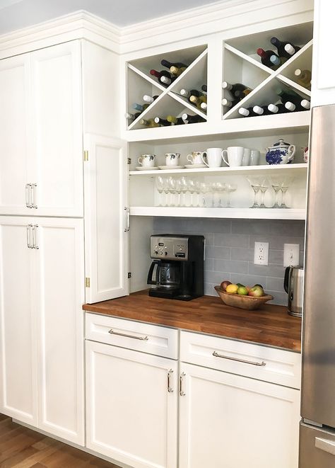 Off-white cabinets with #winebar and #coffeestation Corner Coffee Bar Ideas Station, Coffee Bar Built In, Bar Closet, Built In Coffee Bar, Wine And Coffee Bar, Corner Coffee, Coffee/wine Bar, Coffee Bar Ideas, Coffee Bar Design