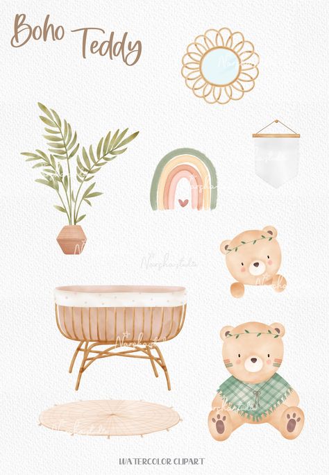 Teddy Bear Watercolor, Boho Clipart, Diy Teddy Bear, Bear Watercolor, Deer Illustration, Baby Shower Clipart, Bear Clipart, Watercolor Clip Art