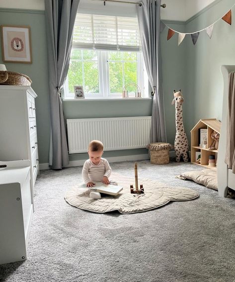 Grey Carpet Nursery Ideas, Nursery With Grey Carpet, Baby Boy Room Blue, Blue Neutral Nursery, Grey And Blue Nursery, Grey Nursery Ideas, Green Kids Room, Baby Boy Nursey, Blue Green Nursery