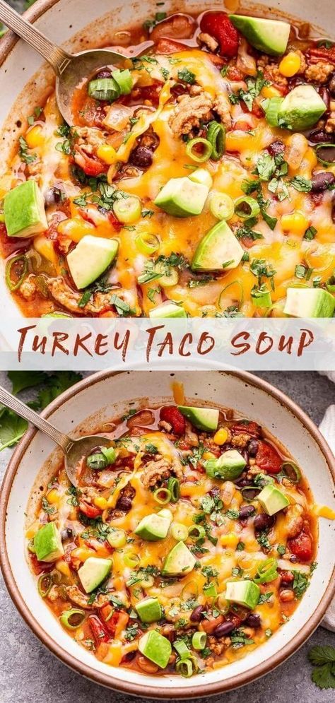 Turkey Taco Soup is a staple recipe for the colder months of the year. It's a cross between soup and chili and packed full of taco flavor! Top it with your favorite taco toppings for a healthy and hearty dinner. #soup #tacosoup #turkeytacos #healthydinner #groundturkey #glutenfree #easyrecipes #souprecipes Turkey Taco Soup Recipe, Healthy Taco Soup, Turkey Taco Soup, Recipe Runner, Turkey Dinners, Pinterest Collage, Dinner Soup, Taco Toppings, Mexican Treats