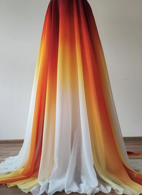 NEW Hand painted ombre wedding skirt.Sunset wedding skirt.Colorful skirt.Maxi skirt.Chiffon skirt or silk of choice - coming soon Choose fabric - fine chiffon, french chiffon or silk. Ombre colors of your choice. Be NOTED!  It takes at least 4 - 5 months to make this painted skirt model. When ordering on Etsy the table gives the longest period of two months. Please have in mind the necessary period of making it.  ✄----------------------- This skirt will be custom made to best fit each unique bod Sunset Inspired Dress, Ombre Lengha, Ombre Wedding Dresses, Sunset Orange Wedding, Orange Wedding Dress, Sunset Fabric, Painted Skirt, Wedding Jumpsuits, Orange Dress Wedding