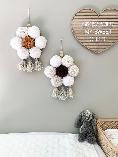 Neutral Nursery Girl, Flower Pom Pom, Dekorasi Bohemia, Tassel Wall Hanging, Tassel Wall Hang, Pom Pom Tassel, Tassel Wall, Yarn Wall Art, Pom Pom Wreath