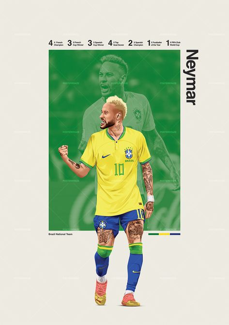 Neymar poster featuring a mid century modern design style. The high-quality print showcases a beautiful digital drawing of Neymar. Perfect for any Brazil fan looking to add some flair to their living space. Brazil Fans, Neymar Poster, Soccer Posters, Brazil Football, Football Artwork, Football Posters, Sports Posters, Madrid Wallpaper, Sports Poster