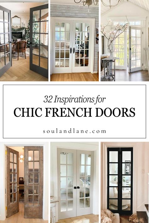 Choose classic wooden French doors to add a touch of rustic charm and warmth to your living space, perfect for connecting interiors to outdoor areas like gardens or patios. For a more modern appeal, opt for sleek, black-framed French doors that offer dramatic contrast and contemporary elegance. Consider installing French doors with frosted or stained glass panels for added privacy without sacrificing natural light. Enhance your entryway or divide indoor spaces with beautifully detailed French do French Doors With Transom Above, Mirrored French Doors Interior, French Doors Exterior Backyards, French Doors To Back Porch, French Doors For Bedroom, Modern Indoor Glass Door, Backdoor Ideas Back Doors Patio, French Glass Doors Interior, French Door Alternative Exterior