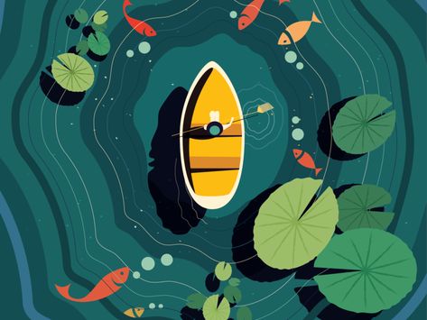 Moments of bliss - Ramaana - #green #yellow #boat #water Karp Koi, Behance Illustration, Bd Art, Posca Art, Flat Design Illustration, Water Boat, Abstract Illustration, Green Water, Arte Sketchbook