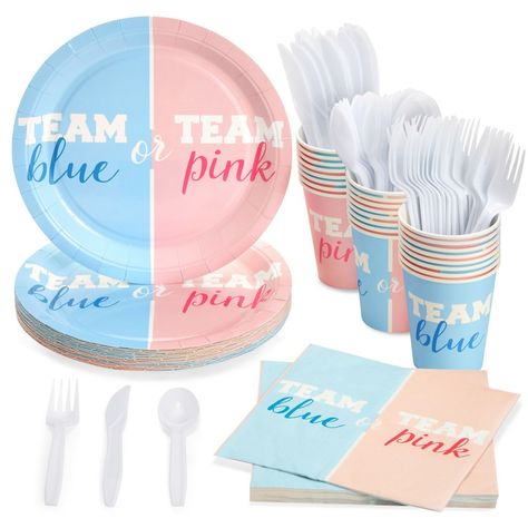 Blue Panda 144 Piece Gender Reveal Plates And Napkins Dinnerware Set, Team Boy, Team Girl Party Bundle, Serves 24 Unique Gender Reveal Party Ideas, Gender Reveal Party Food, Shark Party Decorations, Gender Reveal Baby Shower Themes, Pregnancy Gender Reveal, Plastic Party Plates, Gender Reveal Party Supplies, Team Pink, Baby Reveal Party