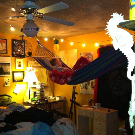 Hang a hammock from the ceiling! Hammock Hanging From Ceiling, Bedroom With A Hammock, Hammock Bedroom Aesthetic, Hammock Bedroom Ideas Hanging Beds, Hammock Over Bed, Hammock Above Bed, Hamicks In Bedrooms, Hammock In Room, Hammock Bedroom Ideas